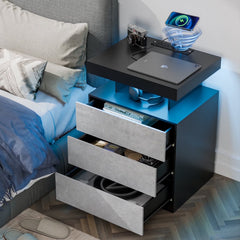 Hommpa LED Nightstand with Wireless Charging, USB Type-C Outlets and 3 Drawers, Black High Gloss Bedside Table, 26.8" Tall