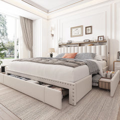 Enhomee Queen Bed Frame with 3 Storage Drawers, Upholstered Platform Bed with Headboard, Metal Frame and Wood Slats, Beige