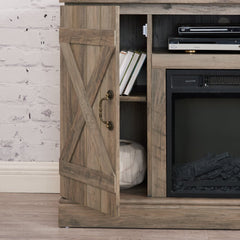 Gzxs Farmhouse Fireplace TV Stand with 18" Electric Fireplace for 50 in Tvs, Farmhouse Entertainment Center W/ Open Shelves, TV Media Console for Living Room, Gray Wash