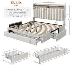 Enhomee Queen Bed Frame with 3 Storage Drawers, Upholstered Platform Bed with Headboard, Metal Frame and Wood Slats, Beige