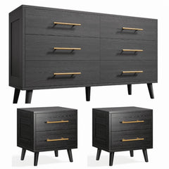 Noelse 3-Piece Bedroom Furniture Set, 6-Drawer Dresser and 2 Nightstands, Modern Wood Storage Organizer, Black