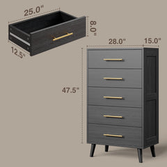 Bedroom Furniture Set with Queen Bed Frame, 2 Nightstands, 5-Drawer Dresser and 6-Drawer Dresser, Modern Black Storage Set