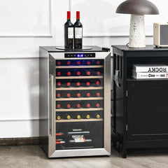 20 Inch 33 Bottles Wine Cooler Refrigerator Built-In or Freestanding Mini Wine Fridge with 2-Layer Tempered Glass Door & Dual Alarm Function