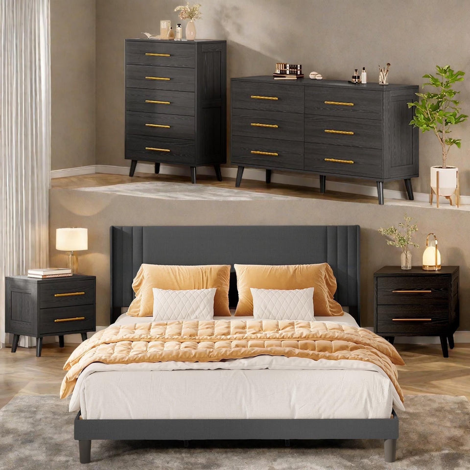Bedroom Furniture Set with Queen Bed Frame, 2 Nightstands, 5-Drawer Dresser and 6-Drawer Dresser, Modern Black Storage Set