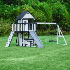Backyard Discovery Canyon Creek Cedar Wood Swing Set with Wave Slide, Clubhouse, Play Kitchen, Picnic Area, Swings and Rock Wall