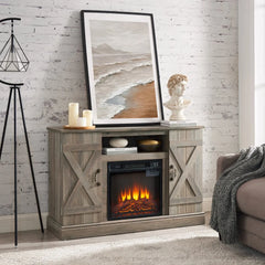 Gzxs Farmhouse Fireplace TV Stand with 18" Electric Fireplace for 50 in Tvs, Farmhouse Entertainment Center W/ Open Shelves, TV Media Console for Living Room, Gray Wash