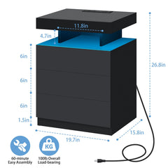 Hommpa LED Nightstand with Wireless Charging, USB Type-C Outlets and 3 Drawers, Black High Gloss Bedside Table, 26.8" Tall