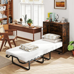 Cot Size Murphy Cabinet Bed with Mattress, 2-in-1 Folding Rollaway Guest Bed into Storage Cabinet with Lockable Wheels for Home Office