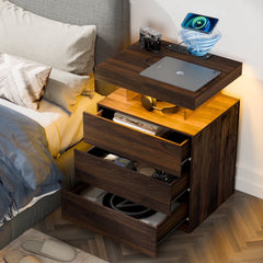 Hommpa LED Nightstand with Wireless Charging, USB Type-C Outlets and 3 Drawers, Black High Gloss Bedside Table, 26.8" Tall
