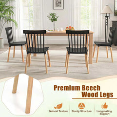 Set of 4 Windsor Dining Chairs, Modern Armless Side Kitchen Chairs with Spindle Back, Curved Seat & Solid Wood Legs for Living Room, Restaurant