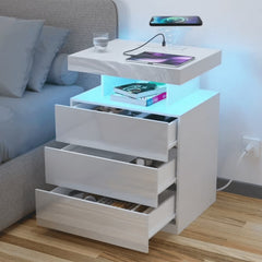 Hommpa LED Nightstand with Wireless Charging, USB Type-C Outlets and 3 Drawers, Black High Gloss Bedside Table, 26.8" Tall