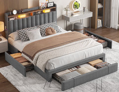 Enhomee Queen Bed Frame with 3 Storage Drawers, Upholstered Platform Bed with Headboard, Metal Frame and Wood Slats, Beige