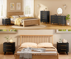 Bedroom Furniture Set with Queen Bed Frame, 2 Nightstands, 5-Drawer Dresser and 6-Drawer Dresser, Modern Black Storage Set