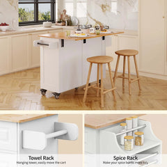 Lofka 52 Inch Kitchen Island with Storage on Wheels with Wood Drop Leaf, Ideal for Small Kitchens