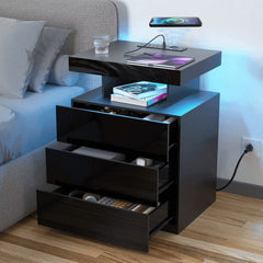 Hommpa LED Nightstand with Wireless Charging, USB Type-C Outlets and 3 Drawers, Black High Gloss Bedside Table, 26.8" Tall