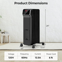 1500W Oil Filled Radiator Heater with Remote Control, Adjustable Thermostat, 24H Timer & 3 Modes, Portable Electric Space Heater for Home Office