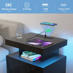 Hommpa LED Nightstand with Wireless Charging, USB Type-C Outlets and 3 Drawers, Black High Gloss Bedside Table, 26.8" Tall