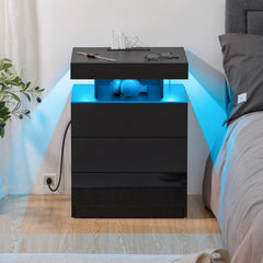 Hommpa LED Nightstand with Wireless Charging, USB Type-C Outlets and 3 Drawers, Black High Gloss Bedside Table, 26.8" Tall