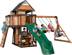 Backyard Discovery Canyon Creek Cedar Wood Swing Set with Wave Slide, Clubhouse, Play Kitchen, Picnic Area, Swings and Rock Wall