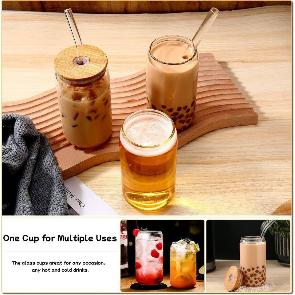 DWTS DANWEITESI 16oz Glass Cups with Lids and Straws 4pcs-DWTS Coffee Cups,Drinking glasses,Gift 2 Cleaning Brushes