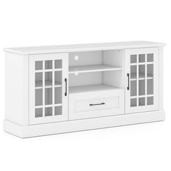 62" Farmhouse TV Stand for 70 Inch TVs, Tall Media Console Table with 2 Glass Doors, Cubbies & Drawer, Storage Cabinet for Living Room