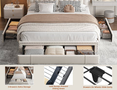 Enhomee Queen Bed Frame with 3 Storage Drawers, Upholstered Platform Bed with Headboard, Metal Frame and Wood Slats, Beige